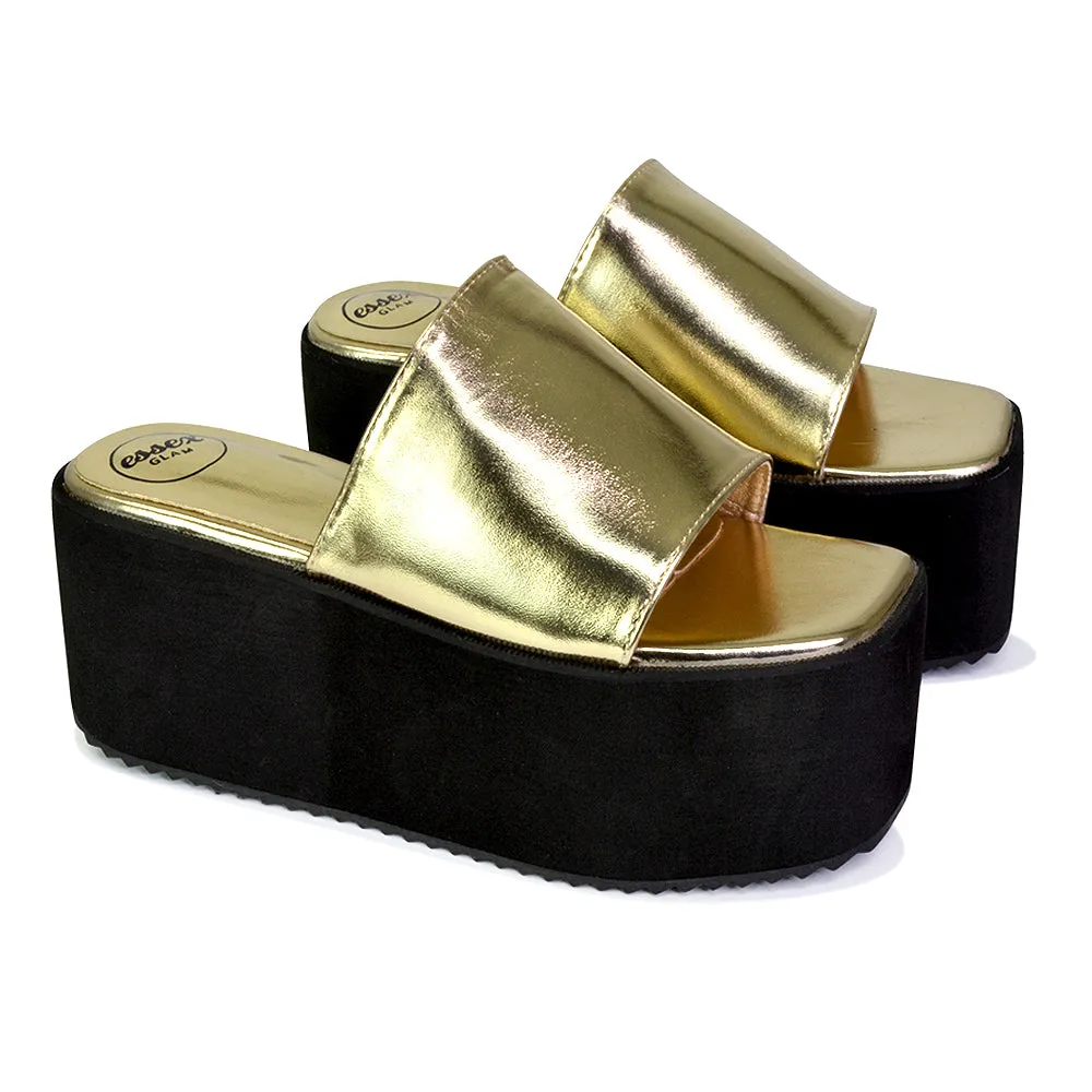 Kaiya Square Toe Slip on Flatform Sandal Slides in Gold