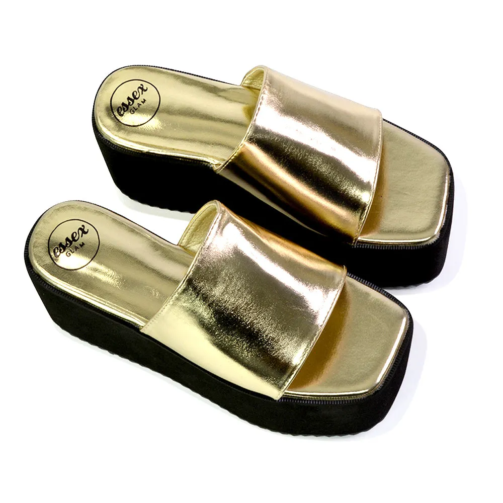 Kaiya Square Toe Slip on Flatform Sandal Slides in Gold