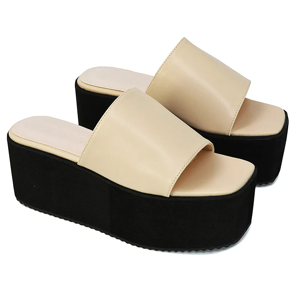 Kaiya Square Toe Slip on Flatform Sandal Slides in Gold