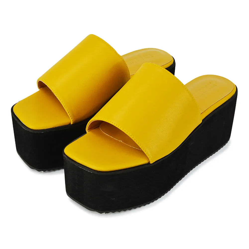 Kaiya Square Toe Slip on Flatform Sandal Slides in Gold