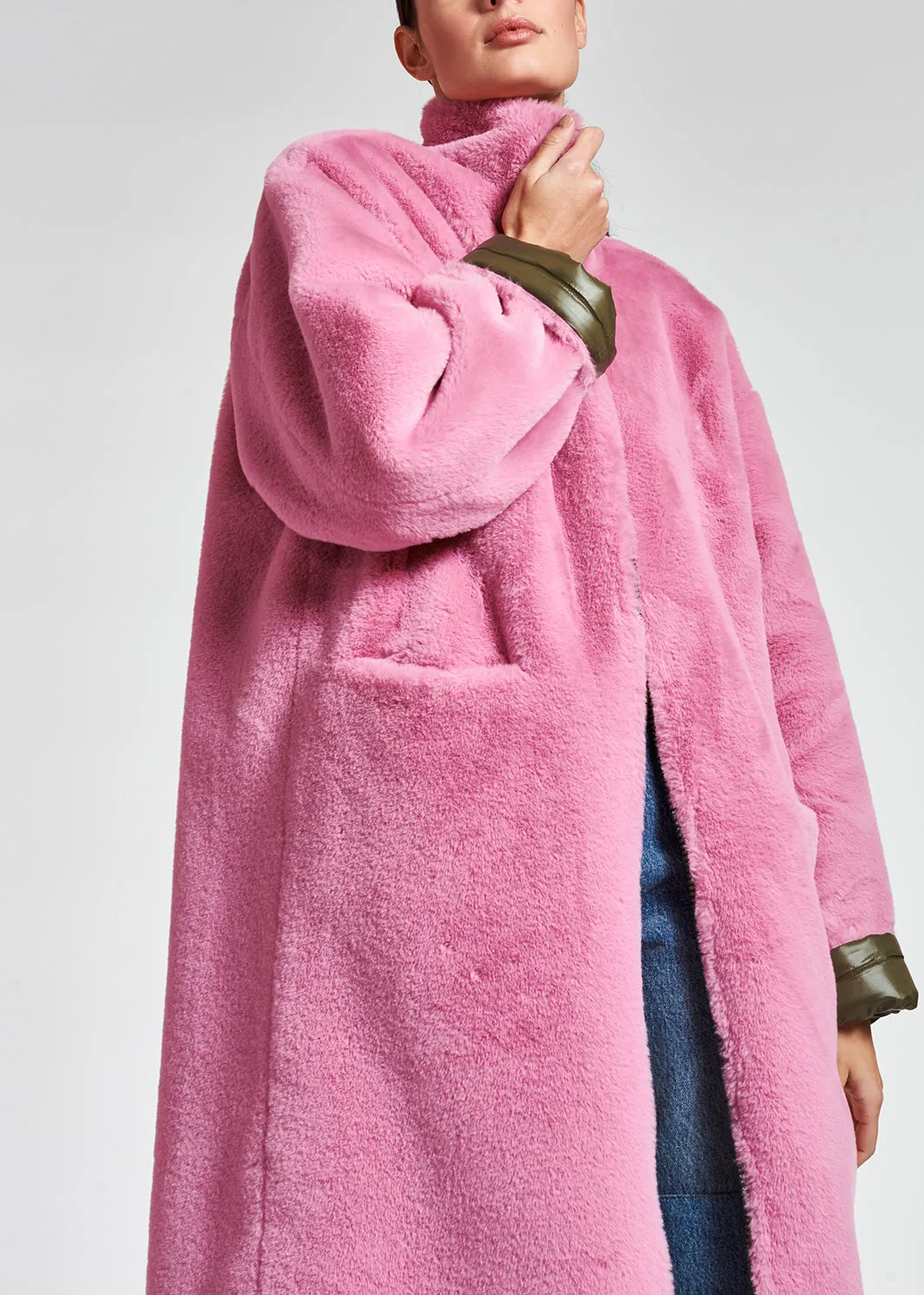 Khaki green and pink reversible faux fur coat