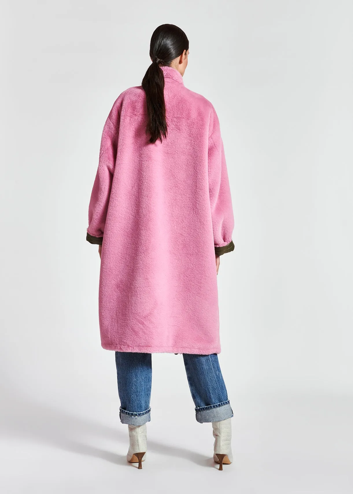 Khaki green and pink reversible faux fur coat