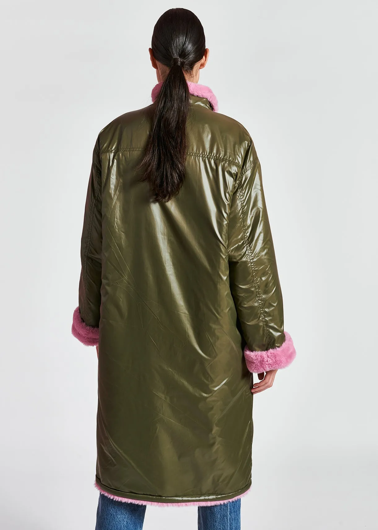 Khaki green and pink reversible faux fur coat