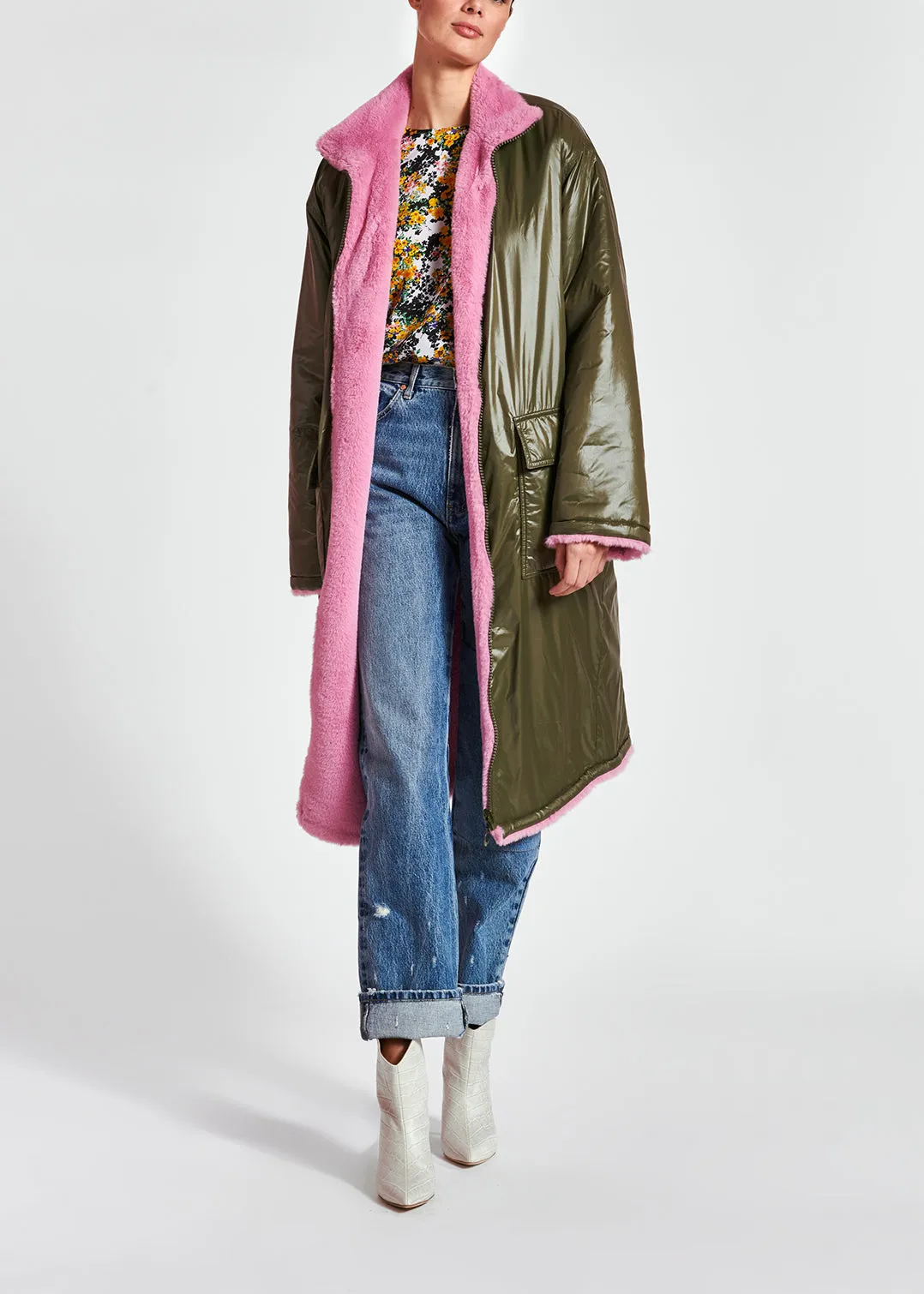 Khaki green and pink reversible faux fur coat