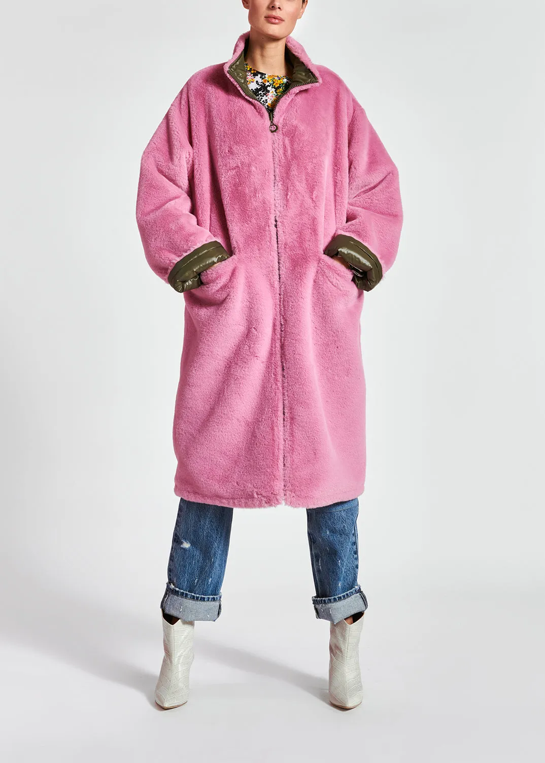 Khaki green and pink reversible faux fur coat