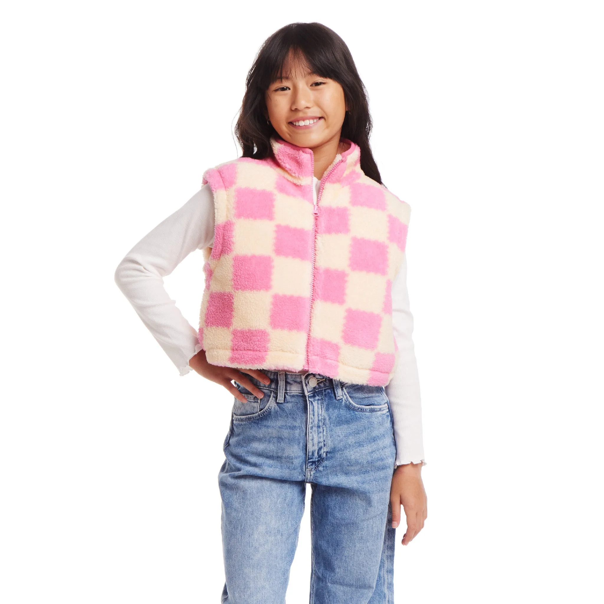 Kids Cropped Fleece Vest (Size 7-16) | Pink & Cream Checkered