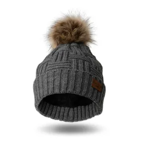 Knit Basket Weave Pom Hat in Grey