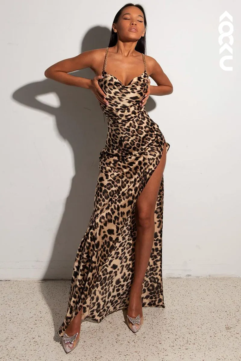 L1860 - Sexy Simple Leopard Print Satin Sheath Long Evening Dress With Slit