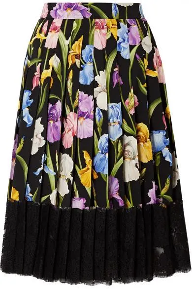 Lace-Trimmed Pleated Floral-Print Silk-Blend Midi Skirt