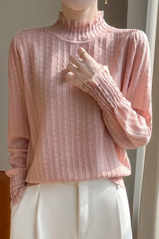 Lace-trimmed semi-high-neck base layer shirt