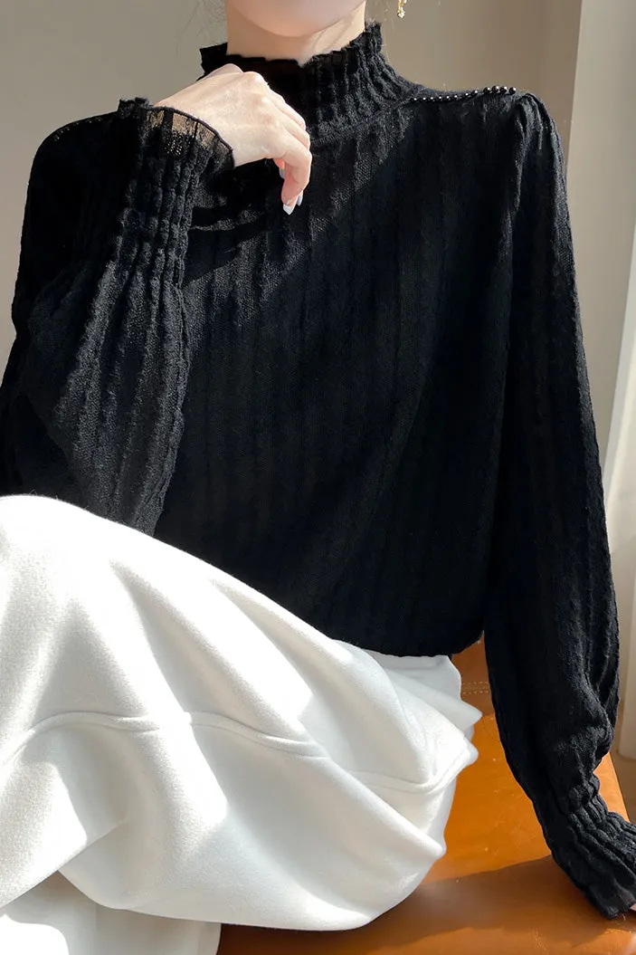 Lace-trimmed semi-high-neck base layer shirt