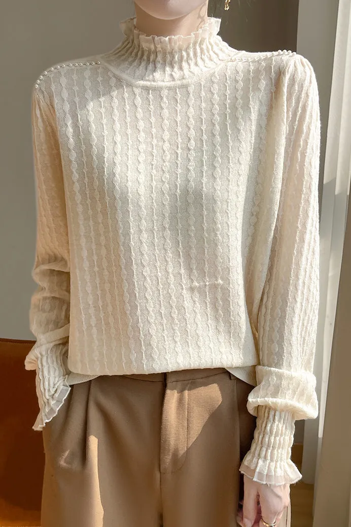 Lace-trimmed semi-high-neck base layer shirt