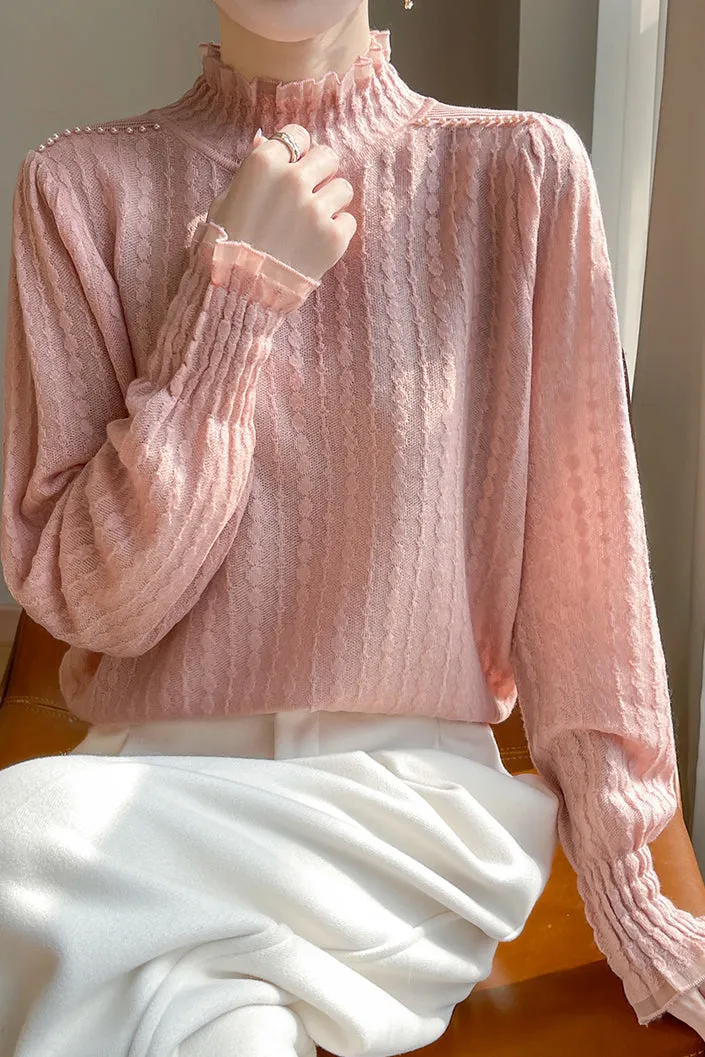 Lace-trimmed semi-high-neck base layer shirt