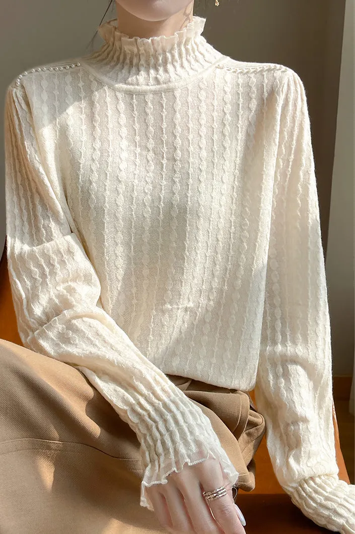 Lace-trimmed semi-high-neck base layer shirt