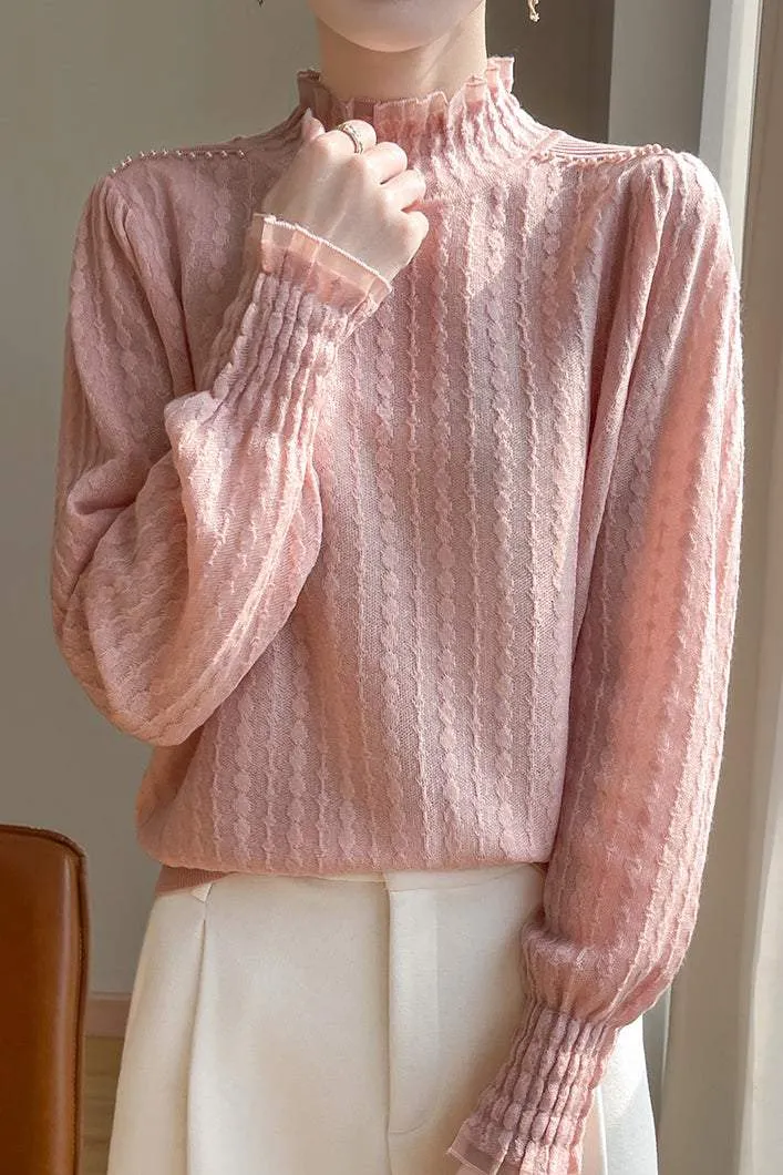 Lace-trimmed semi-high-neck base layer shirt