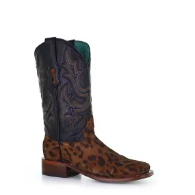 Ladies Camel Leopard & Black Square Toe Boots | A4144