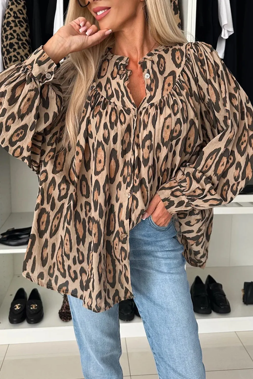 Leopard Balloon Sleeve Buttoned Shirt