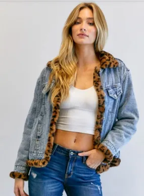 Leopard Fur Lining Oversize Denim Jacket