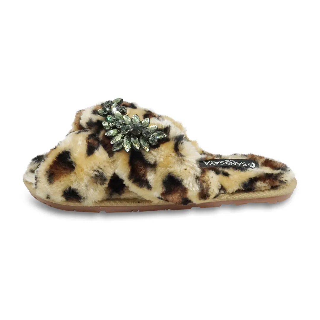 Leopard Fur Slippers - Black Manhattan Crystal Rhine stone Embellished Fluffy Womens Room Shoes