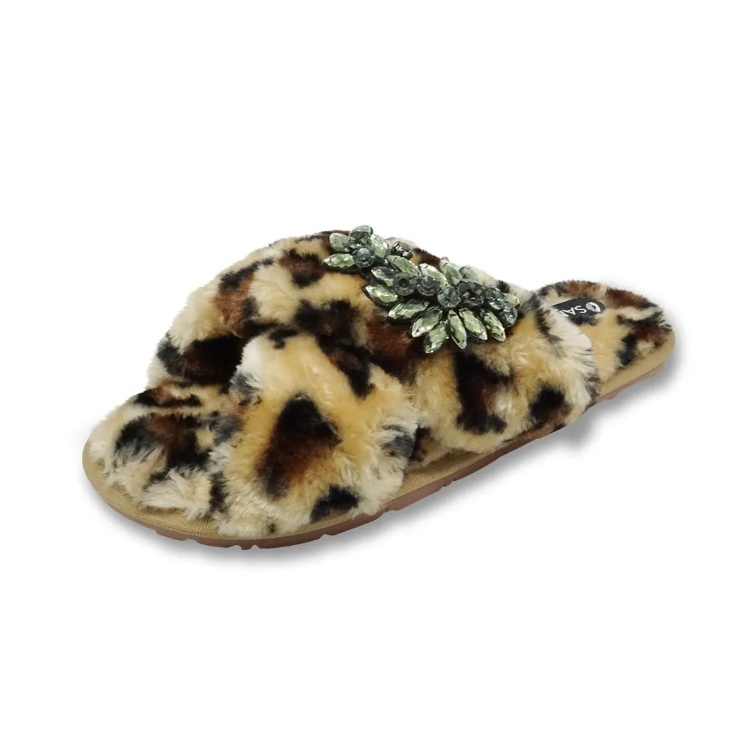 Leopard Fur Slippers - Black Manhattan Crystal Rhine stone Embellished Fluffy Womens Room Shoes