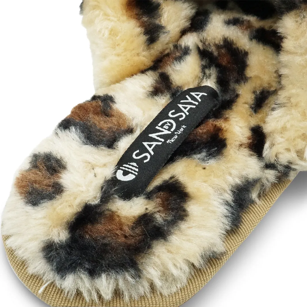 Leopard Fur Slippers - Black Manhattan Crystal Rhine stone Embellished Fluffy Womens Room Shoes