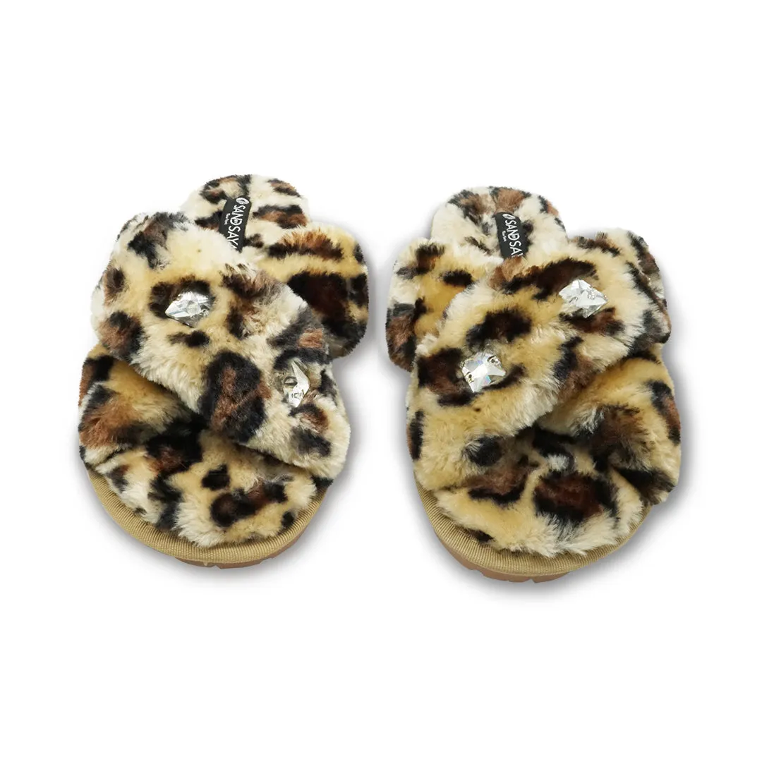 Leopard Fur Slippers - Crystal Studs Embellished Ultra Fluffy Womens Room Shoes