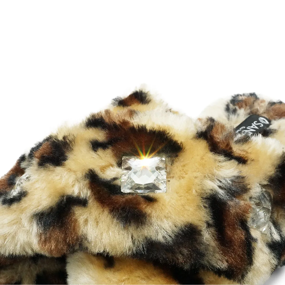 Leopard Fur Slippers - Crystal Studs Embellished Ultra Fluffy Womens Room Shoes