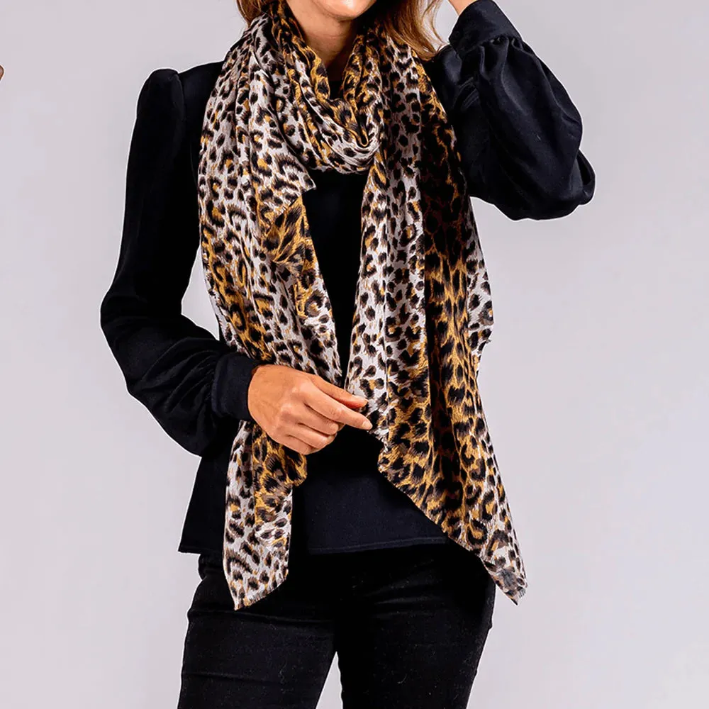 Leopard Print Cashmere & Silk Wrap & Fur Lined Leather Gloves