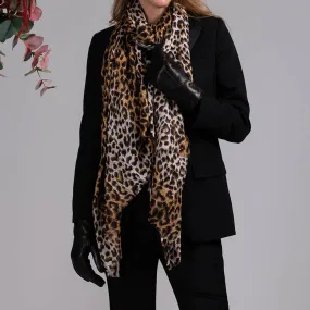 Leopard Print Cashmere & Silk Wrap & Fur Lined Leather Gloves