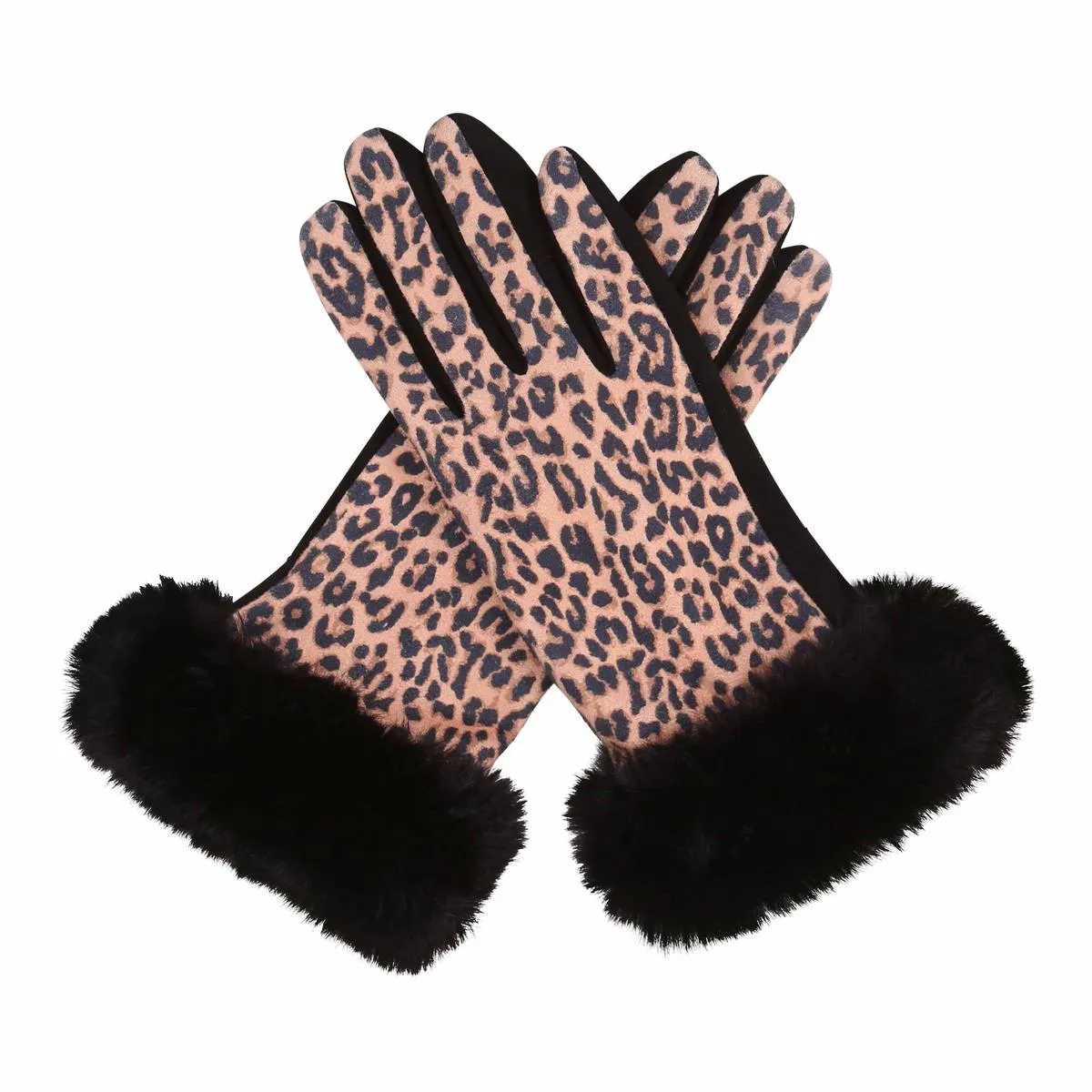 Leopard Print Fur-Trimmed Texting Gloves