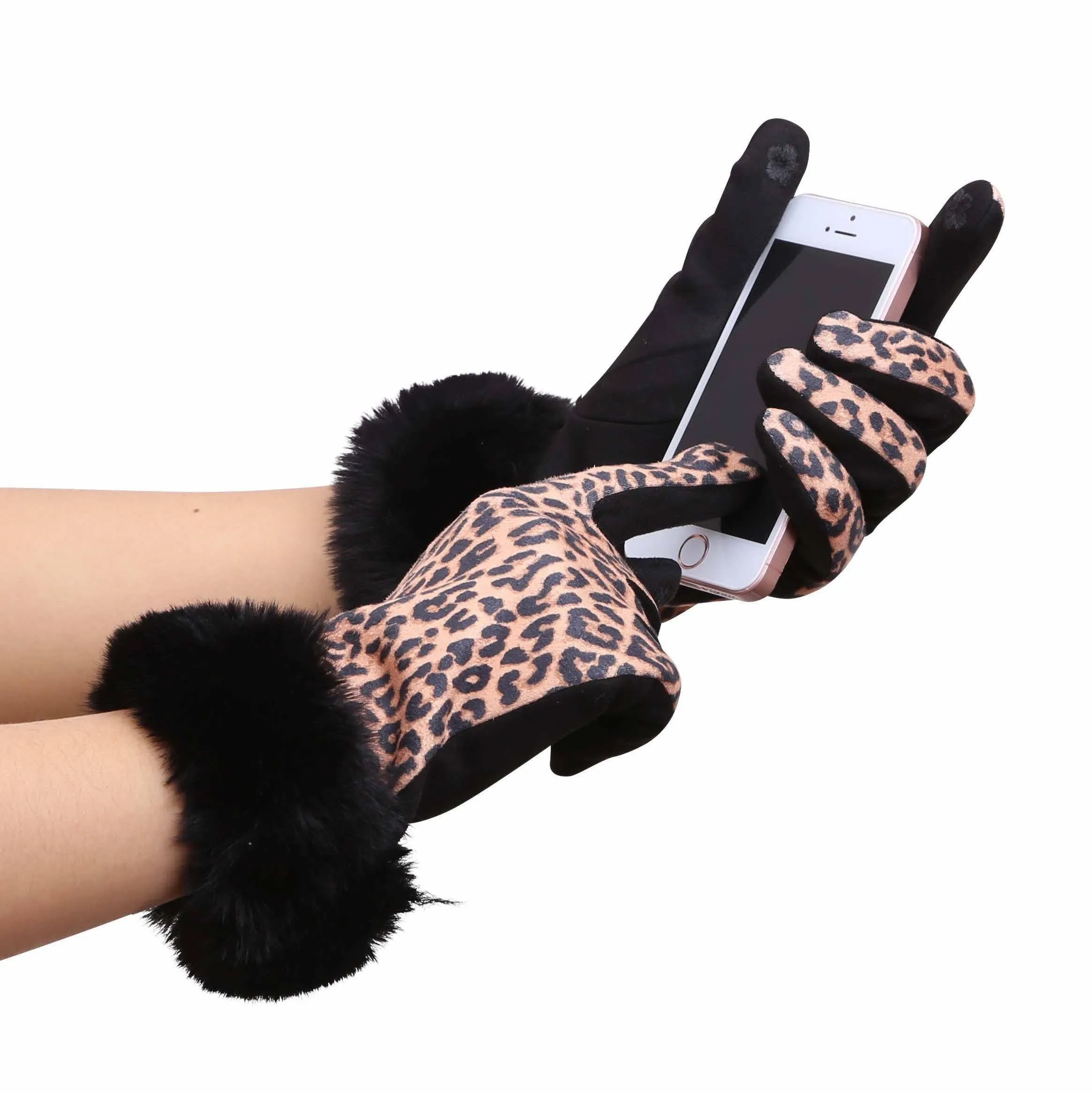 Leopard Print Fur-Trimmed Texting Gloves