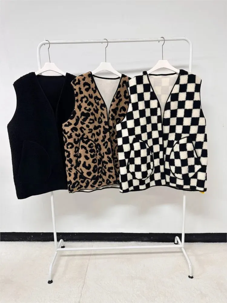 Leopard Print Lambswool Sleeveless Coat  Vests Coats