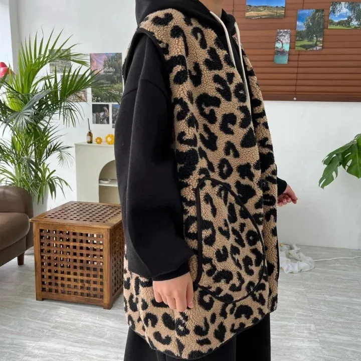 Leopard Print Lambswool Sleeveless Coat  Vests Coats