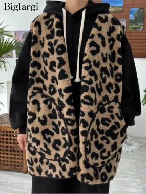 Leopard Print Lambswool Sleeveless Coat  Vests Coats