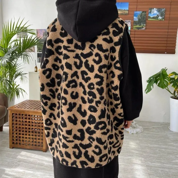 Leopard Print Lambswool Sleeveless Coat  Vests Coats