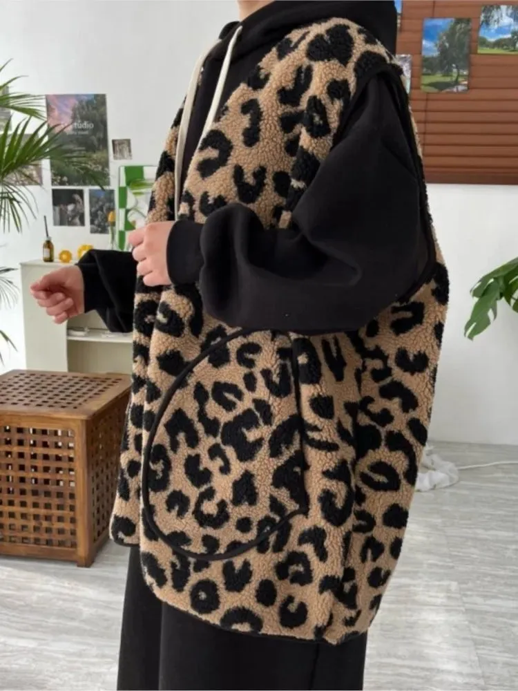 Leopard Print Lambswool Sleeveless Coat  Vests Coats