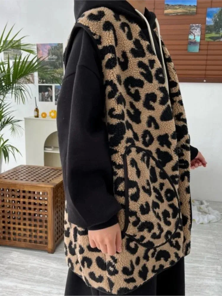 Leopard Print Lambswool Sleeveless Coat  Vests Coats