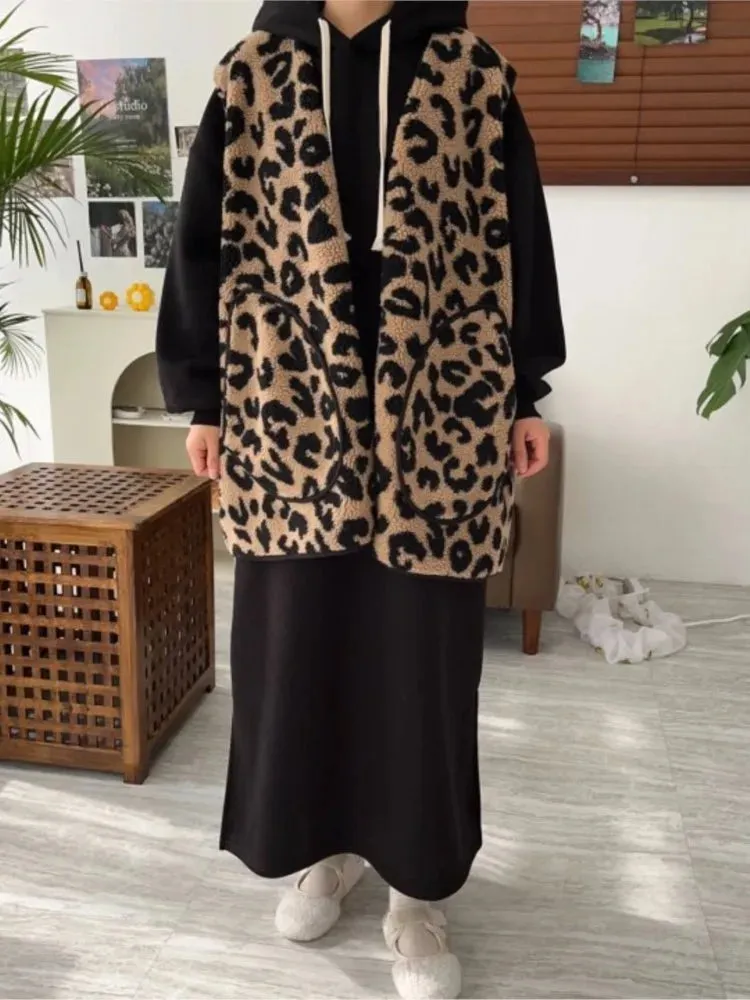 Leopard Print Lambswool Sleeveless Coat  Vests Coats