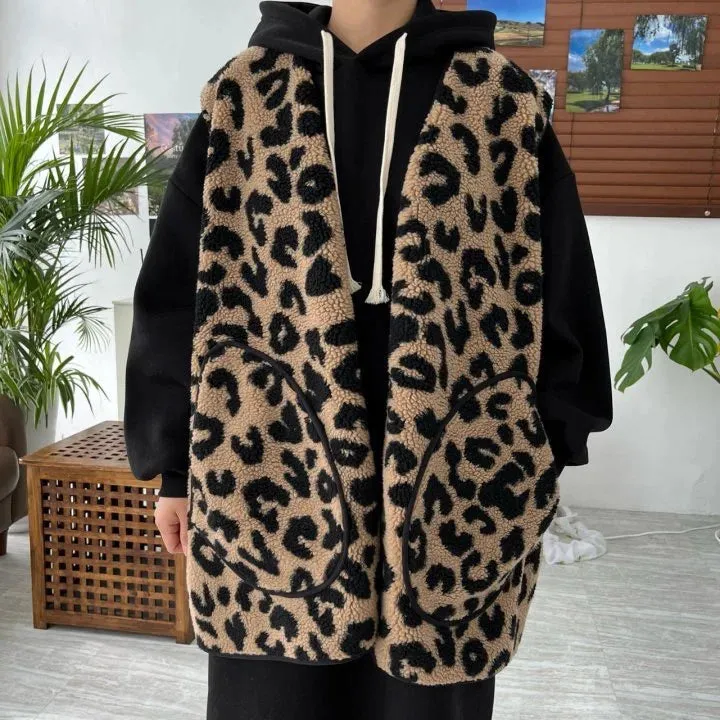 Leopard Print Lambswool Sleeveless Coat  Vests Coats