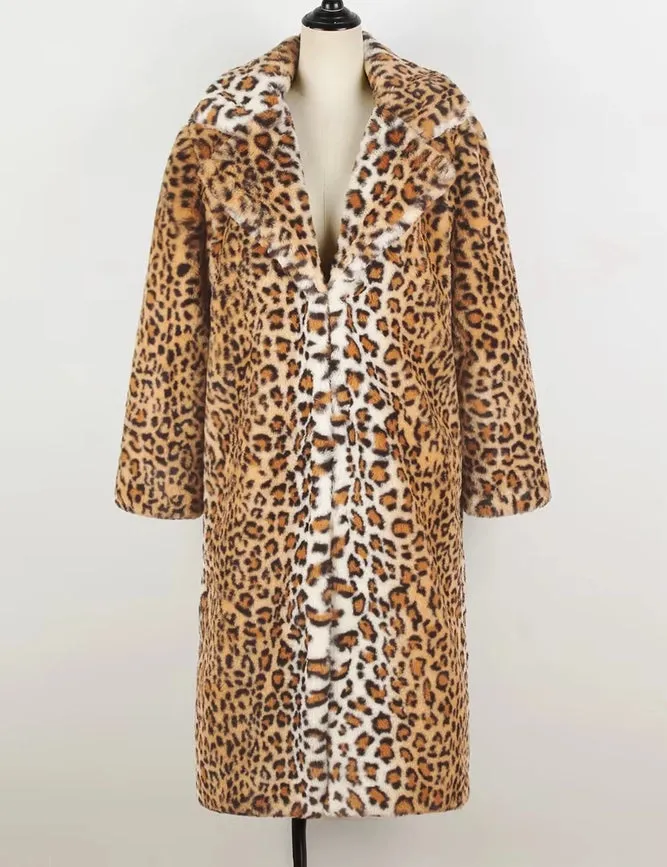 Leopard Print Suit Collar Midi Faux Fur Thermal Jacket