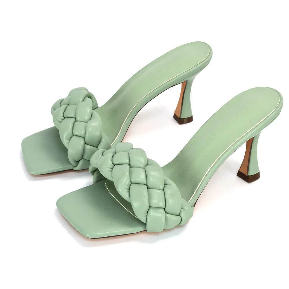 Lilah Woven Strap Square Toe Stiletto mid High Heel Mule Slip on Sandals in Mint