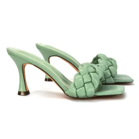 Lilah Woven Strap Square Toe Stiletto mid High Heel Mule Slip on Sandals in Mint