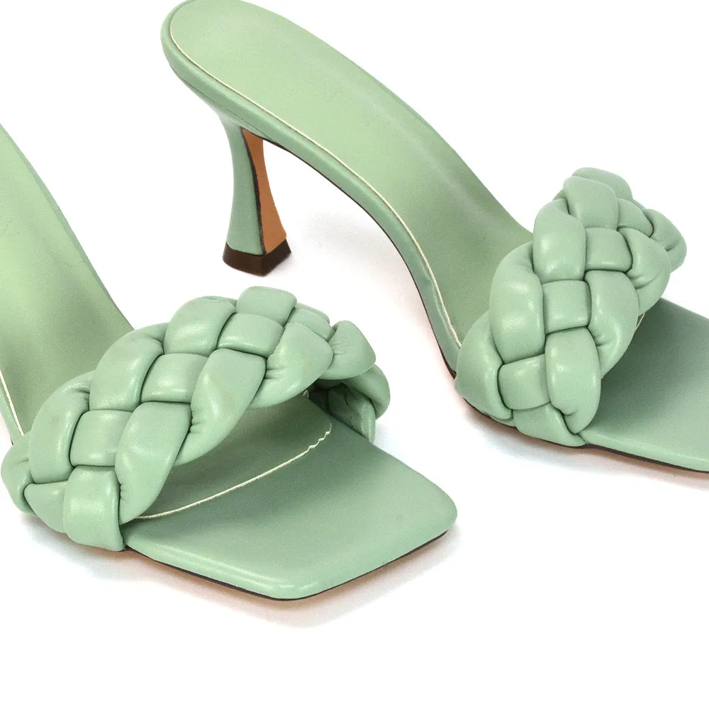 Lilah Woven Strap Square Toe Stiletto mid High Heel Mule Slip on Sandals in Mint