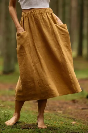 Linen Skirt MIDI With Pockets In Amber Yellow