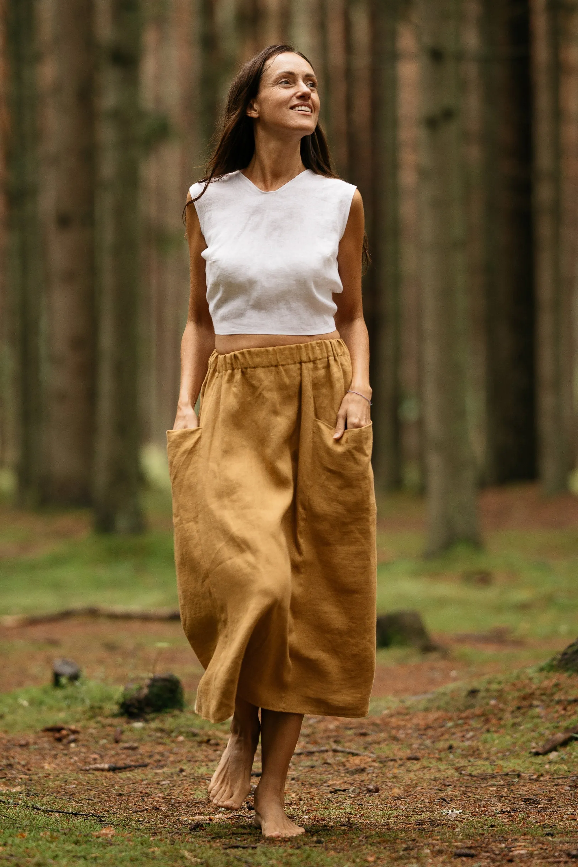 Linen Skirt MIDI With Pockets In Amber Yellow