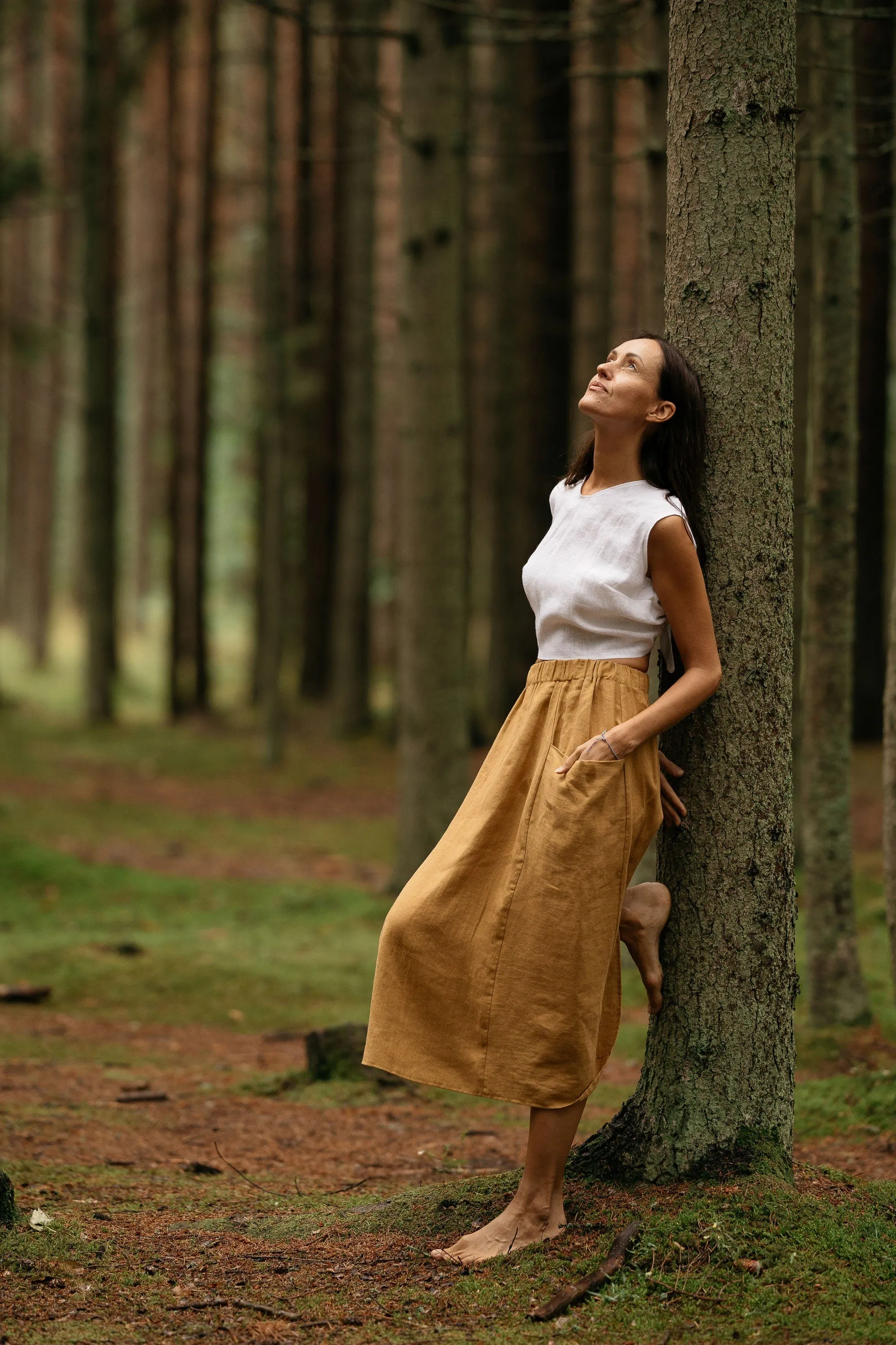 Linen Skirt MIDI With Pockets In Amber Yellow