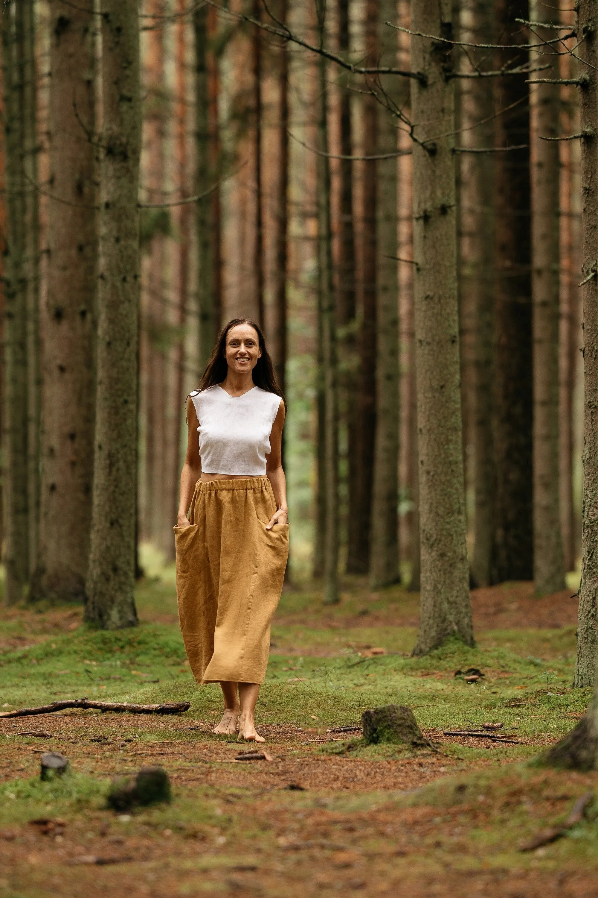 Linen Skirt MIDI With Pockets In Amber Yellow