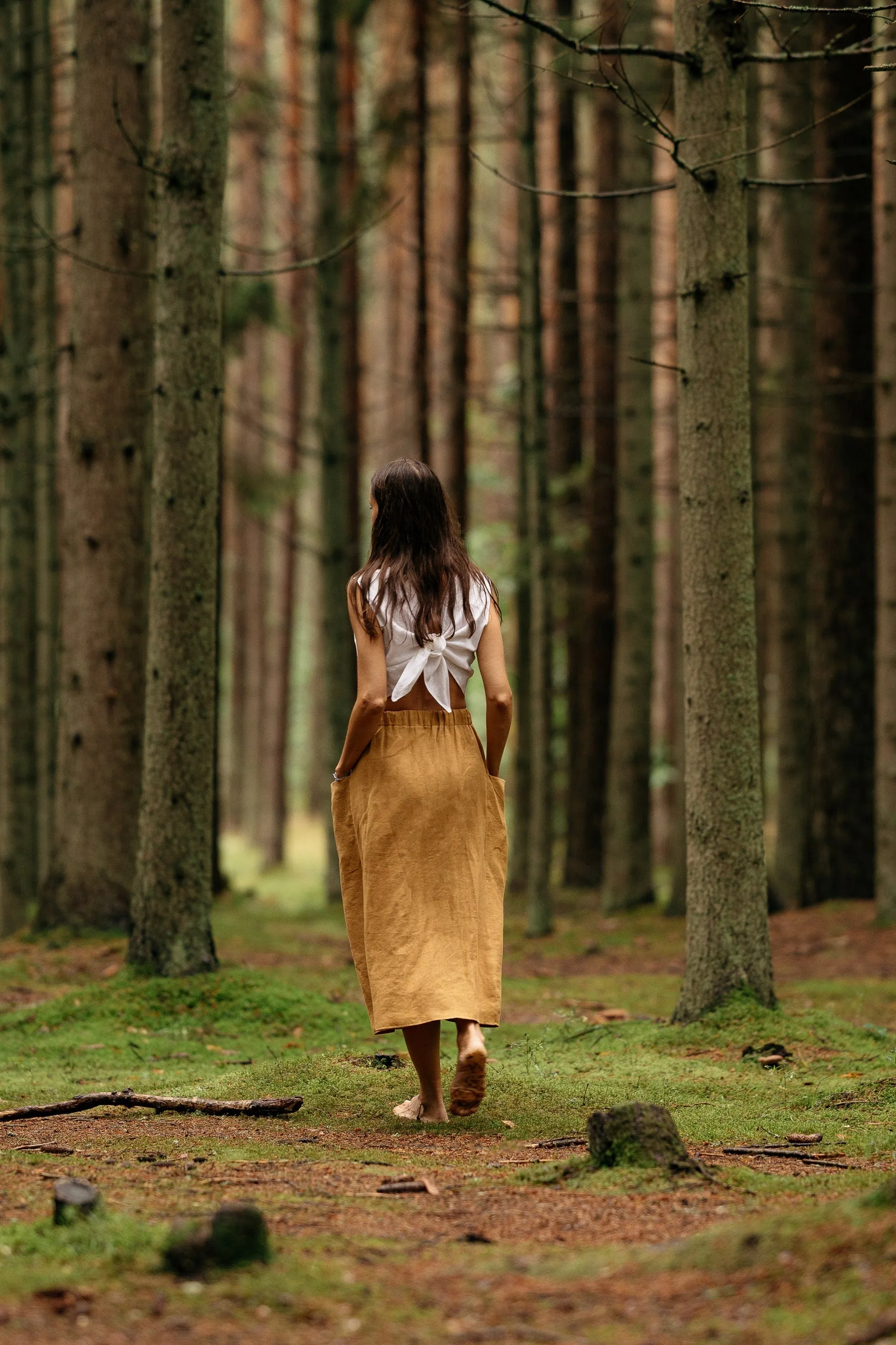 Linen Skirt MIDI With Pockets In Amber Yellow