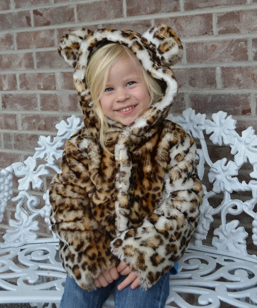 Little Girls Brown Leopard Critter Ears Button Faux Hooded Jacket 2T-5