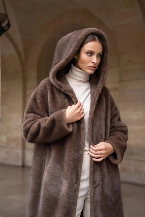 Long Hooded Synthetic Fur Coat Chocolate